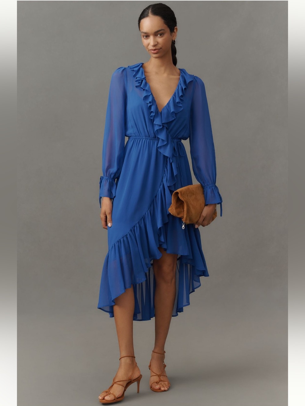 NWT Anthropologie Long Sleeved Ruffled Asymmetric Dress Blue